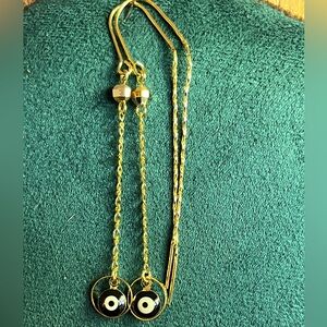Gold & Black/White Evil Eye Pendant Threader Earrings 3” - Gold Bead Accents